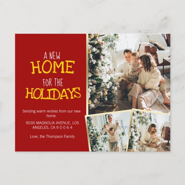 A New Home For Holidays Red Photo Moving Announcement Postcard (Front)