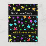 [ Thumbnail: "A New Home!"; Fun, Colorful Stars Pattern Postcard ]