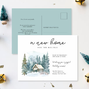 A New Home Winter Watercolor Cabin Script Moving Holiday Postcard