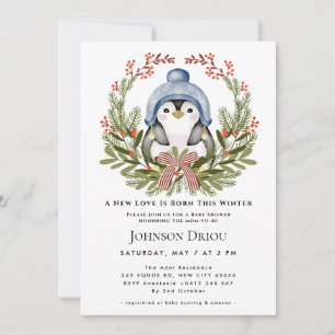 A New Love Is Born This Winter Winter Penguin Baby Invitation