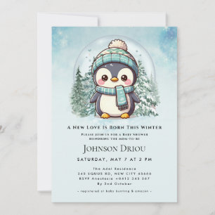 A New Love Is Born This Winter Winter Penguin Baby Invitation