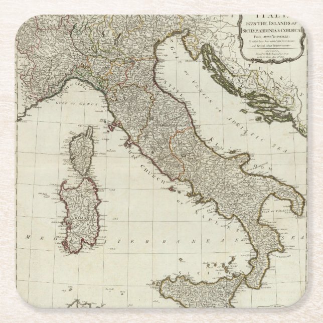 A new map of Italy with the islands of Sicily Square Paper Coaster (Front)