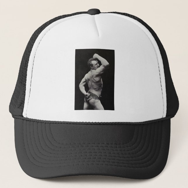 A New Pose by StrongMen Eugen Sandow Bodybuilding Trucker Hat (Front)