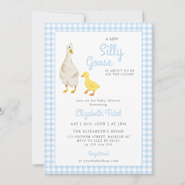 A New Silly Goose Blue Gingham Baby Shower Invitation (Front)