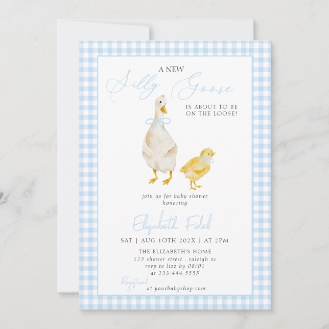 A New Silly Goose Blue Gingham Baby Shower Invitation (Front)