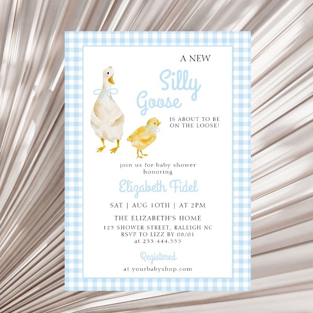 A New Silly Goose Blue Gingham Baby Shower Invitation (Creator Uploaded)