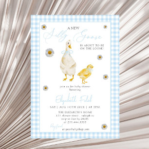 A New Silly Goose Blue Gingham Baby Shower Invitation