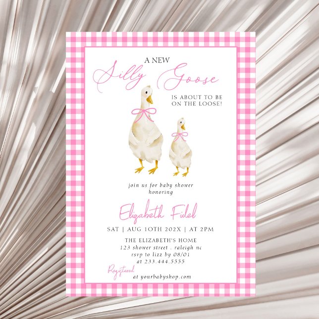 A New Silly Goose Pink Gingham Baby Shower Invitation (Creator Uploaded)