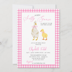 A New Silly Goose Pink Gingham Baby Shower Invitation