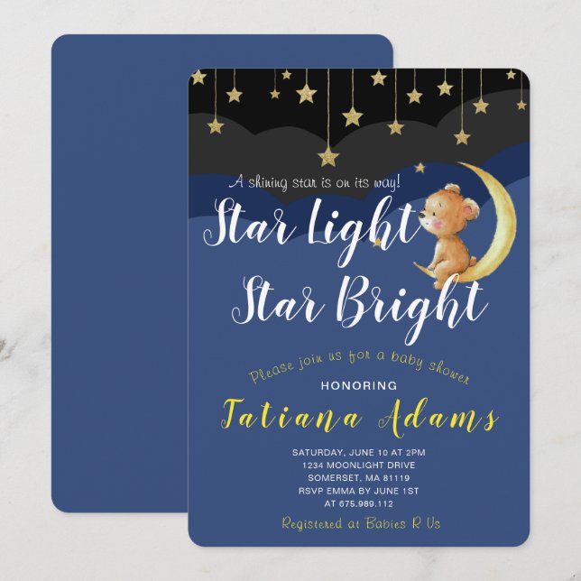 A Newborn Star Night Sky Bear On Moon Baby Shower Invitation (Front/Back)