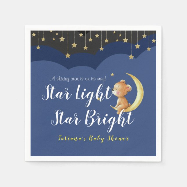 A Newborn Star Night Sky Bear On Moon Baby Shower Napkins (Front)