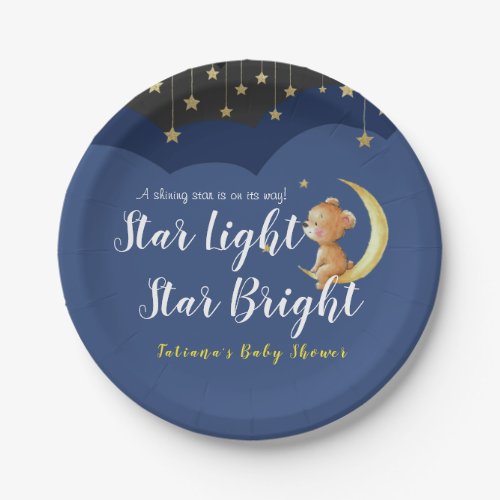 A Newborn Star Night Sky Bear On Moon Baby Shower Paper Plates