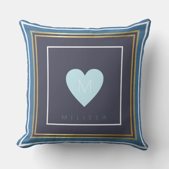 A nice design of square borders with a blue heart outdoor pillow (Front)