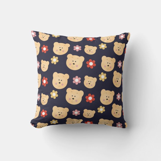 A nice pattern with cute bears and flowers throw pillow (Front)