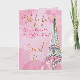 A Night in Paris Pink Gold Eiffel Tower Sweet 16 Invitation