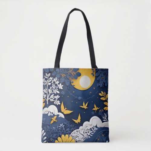 A night landscape flowers leaves and butterflies tote bag