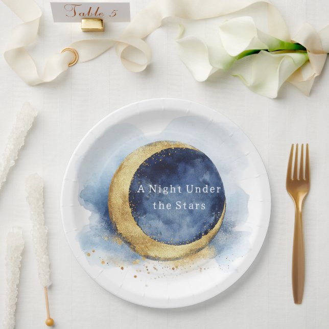 A Night Under Stars Celestial Blue Moon Wedding Paper Plates (Wedding)