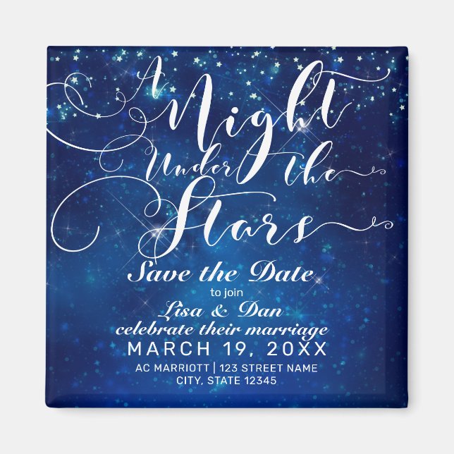 A Night Under the Stars Blue Wedding Save the Date Magnet (Front)
