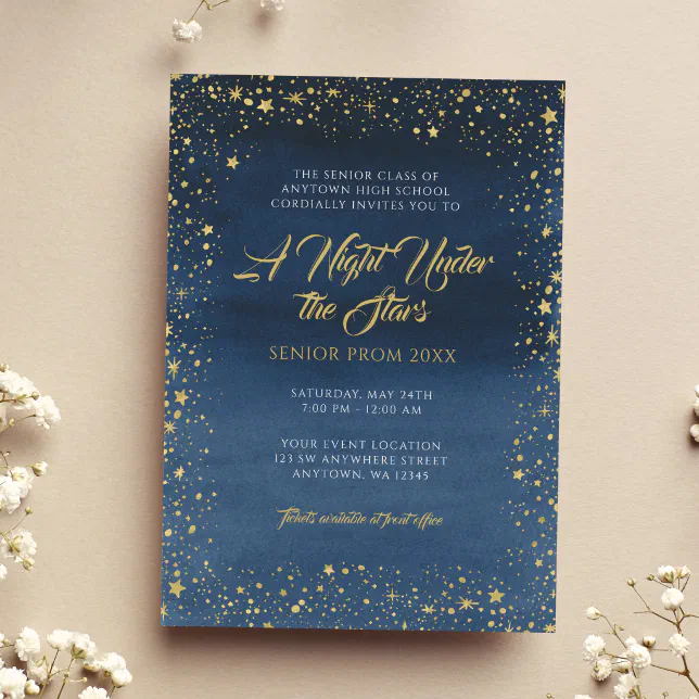 A Night Under the Stars Gold Navy Blue Prom Invitation | Zazzle