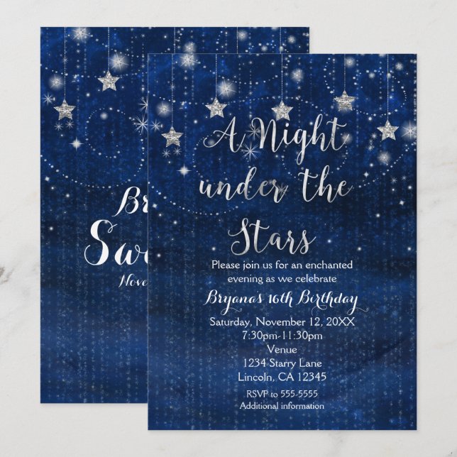 A Night under the Stars Silver & Blue Invitation (Front/Back)