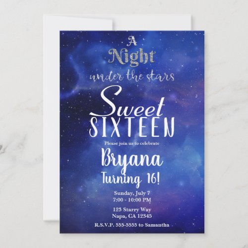 A Night Under the Stars Starry Sky Sweet 16 Party Invitation