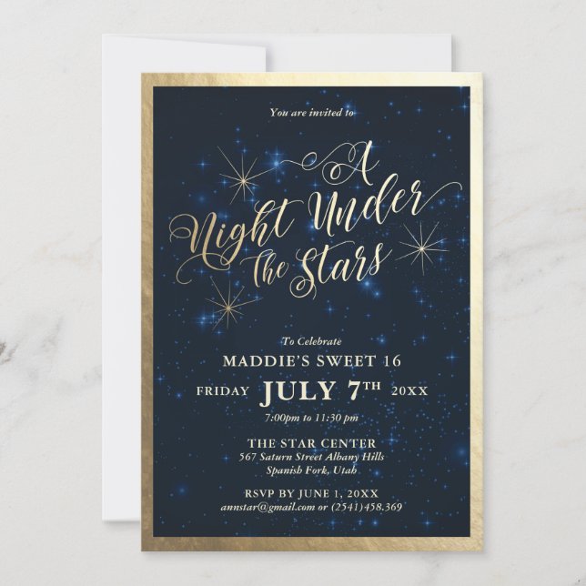 A Night Under the Stars Sweet Sixteen Invitation (Front)