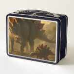 A noble adult Stegosaurus gently guiding its young Metal Lunch Box