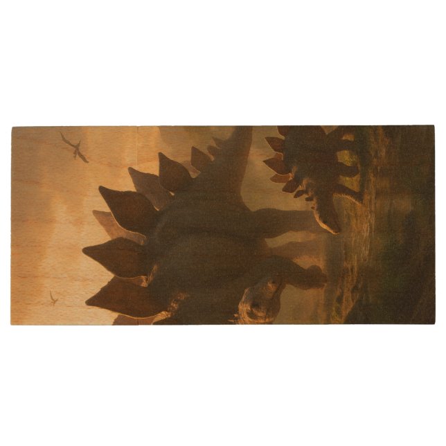 A noble adult Stegosaurus gently guiding its young Wood Flash Drive (Back)