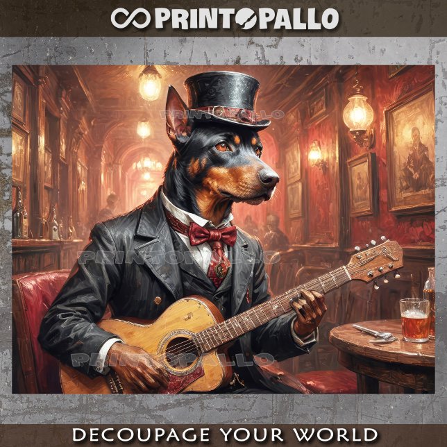 A noble doberman dog playing guitar in a pub -  tissue paper (Creator Uploaded)