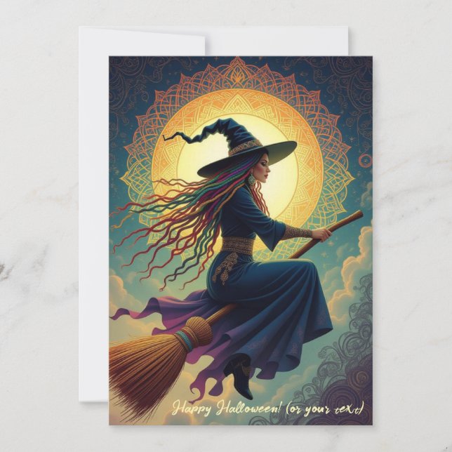 A Nocturnal Rendezvous: Modern Witch Halloween Holiday Card (Front)
