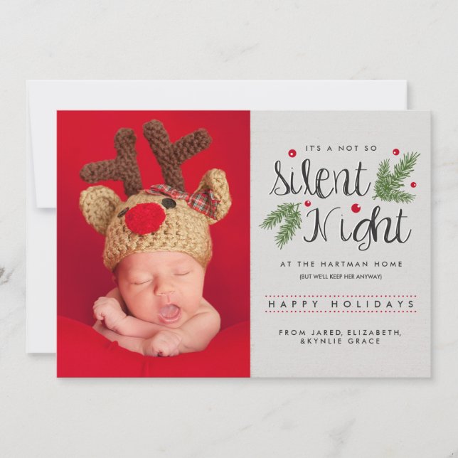 A Not So Silent Night New Baby Rustic Photo Holiday Card (Front)
