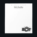 A Note from Custom Name Photographer camera<br><div class="desc">Capture the essence of a photographer's passion with this personalized note pad designed exclusively for them. This note pad is the perfect companion for jotting down ideas, taking notes, or writing heartfelt messages. The minimalist design of this note pad allows the focus to be on what matters most - the...</div>