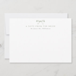 A Note From the Bride Sage Green Vintage Bow Thank You Card