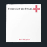 A Note From the School Nurse Personalized<br><div class="desc">A Note From the School Nurse Personalized Note Pad. Fun personalized school nurse gift. Text reads "a note from the school nurse" with the word NURSE in a red first aid cross. Personalize with name on the bottom. Fun and useful gifts for your school nurse.</div>
