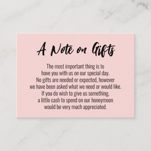 A Note on Gifts Casual Handwriting Wedding Pink Enclosure Card