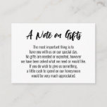 A Note on Gifts Casual Handwriting Wedding, White Enclosure Card<br><div class="desc">These simple, distinctive card inserts feature contrasting fonts over a solid background. On the front side, in a bold, modern handwriting script, a header reads "A Note on Gifts"; on the back is "With Love & Thanks". The body with your longer message was rendered in a slim, sans-serif typeface. My...</div>