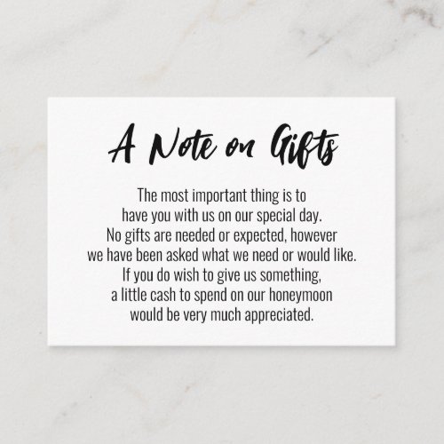 A Note on Gifts Casual Handwriting Wedding White Enclosure Card