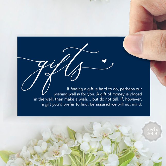 A note on gifts, Honeymoon Money Cash Fund Enclosure Card (A note on gifts, Honeymoon Money Cash Fund Modern Romantic Heart Enclosure Card in Navy Blue)