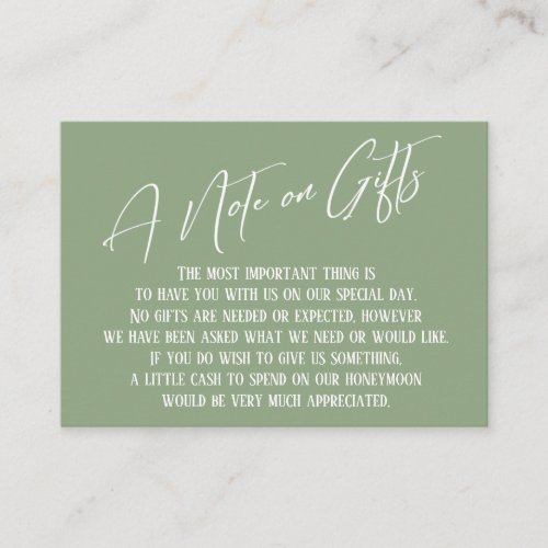 A Note on Gifts Modern Handwriting Sage Green Enclosure Card