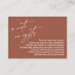 A Note on Gifts Modern Handwriting Terracotta Enclosure Card<br><div class="desc">These simple, distinctive card inserts were designed to match other items in a growing event suite that features a modern casual handwriting font over a plain background you can change to any color you like. On the front side you read "a note on gifts" in the featured type; on the...</div>