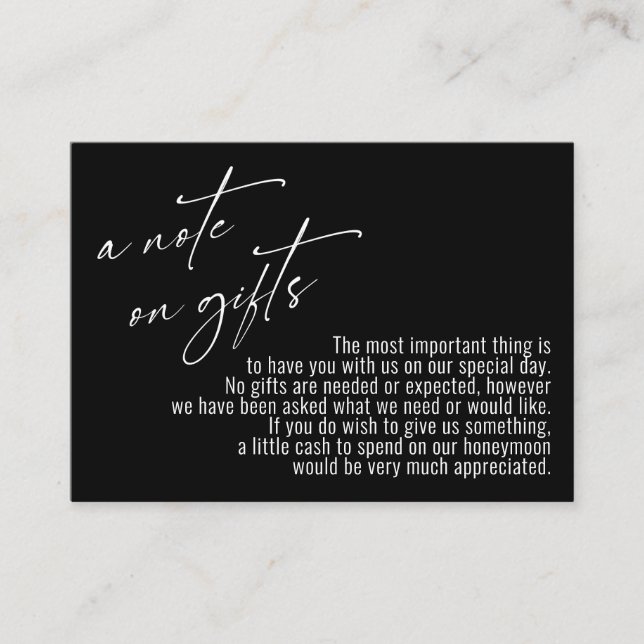 A Note on Gifts Modern Handwriting Wedding Black Enclosure Card (Front)