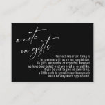 A Note on Gifts Modern Handwriting Wedding Black Enclosure Card<br><div class="desc">These simple, distinctive card inserts were designed to match other items in a growing event suite that features a modern casual handwriting font over a plain background you can change to any color you like. On the front side you read "a note on gifts" in the featured type; on the...</div>