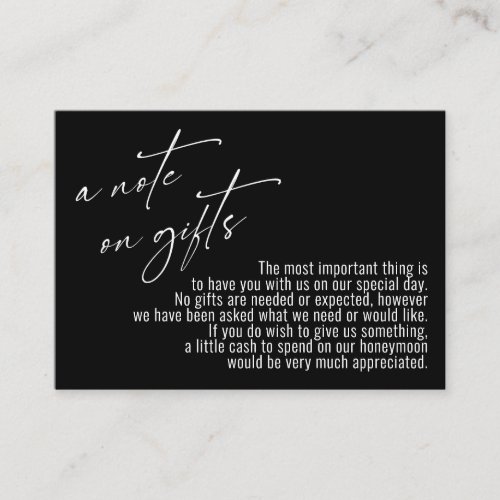 A Note on Gifts Modern Handwriting Wedding Black Enclosure Card