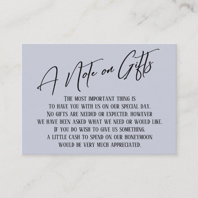 A Note on Gifts Modern Handwriting Wedding Blue Enclosure Card (Front)