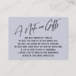 A Note on Gifts Modern Handwriting Wedding Blue Enclosure Card<br><div class="desc">These simple, distinctive card inserts were designed to match other items in a growing event suite that features a modern casual handwriting font over a plain background you can change to any color you like. On the front side you read "A Note on Gifts" in the featured type; on the...</div>