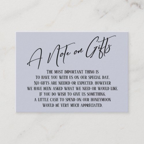A Note on Gifts Modern Handwriting Wedding Blue Enclosure Card