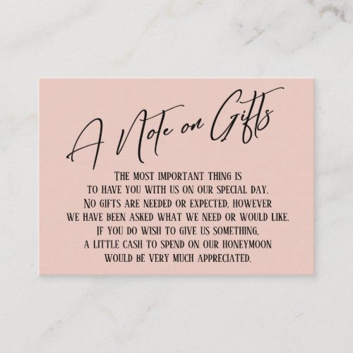 A Note on Gifts Modern Handwriting Wedding Blush Enclosure Card