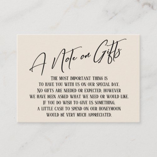 A Note on Gifts Modern Handwriting Wedding Cream Enclosure Card