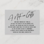 A Note on Gifts Modern Handwriting Wedding Gray Enclosure Card<br><div class="desc">These simple, distinctive card inserts were designed to match other items in a growing event suite that features a modern casual handwriting font over a plain background you can change to any color you like. On the front side you read "A Note on Gifts" in the featured type; on the...</div>