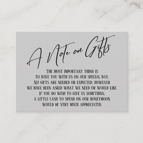 A Note on Gifts Modern Handwriting Wedding Gray Enclosure Card